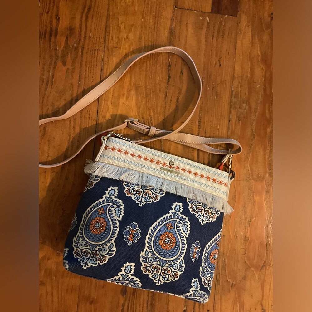 Spartina 449 Navy and Orange Paisley Crossbody with Fringe Trim